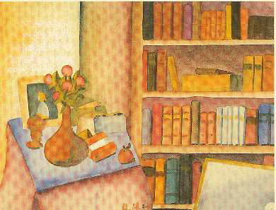 Герман Гессе. «Интеръер с книгами». Акварелъ, 1921